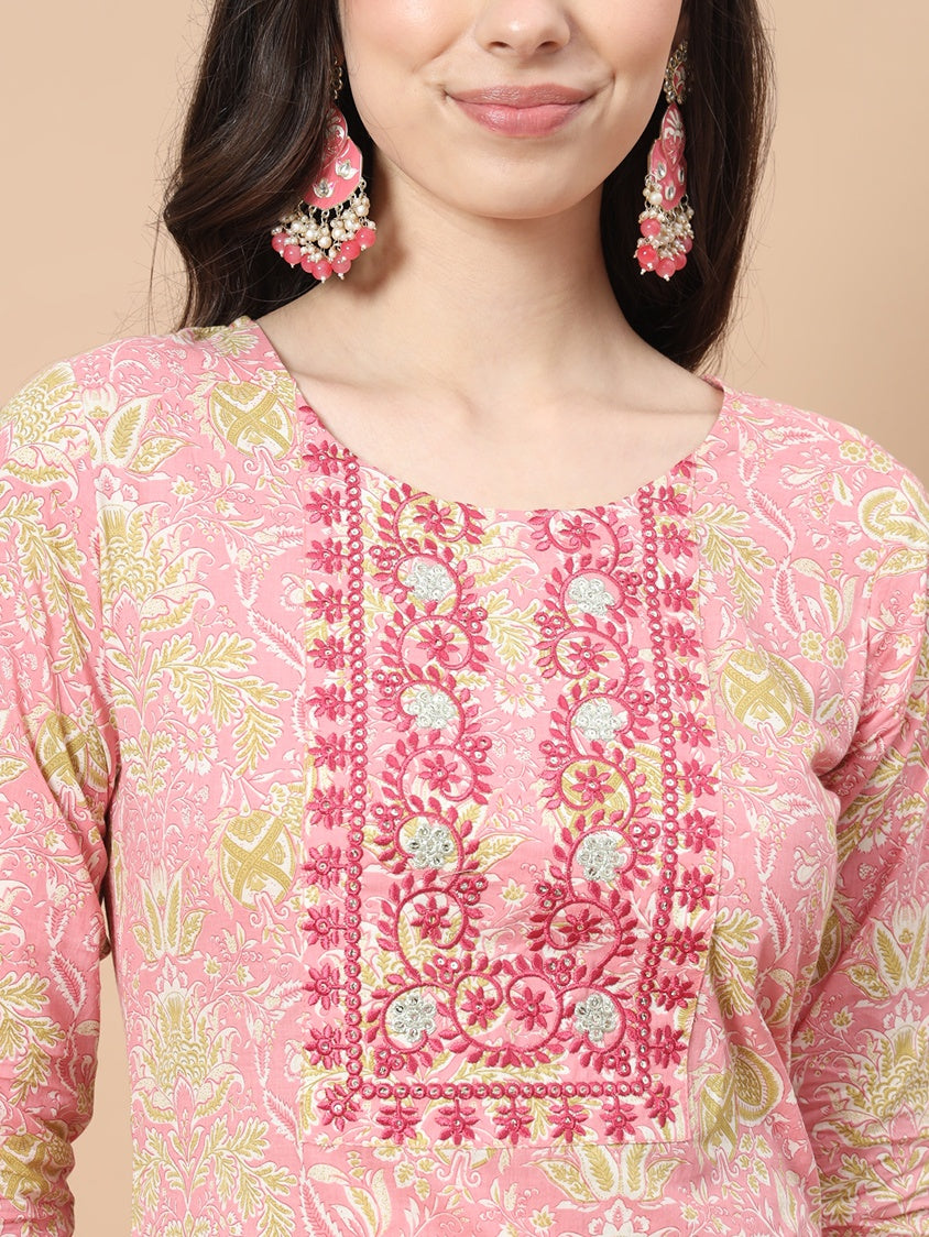 Pink Printed Cotton Kurta Dupatta Set