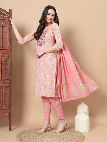 Pink Printed Cotton Kurta Dupatta Set