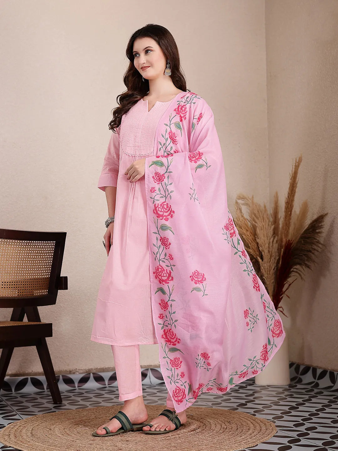 Pink Pure Cotton A-Line Pleated Kurta Dupatta Pant Set