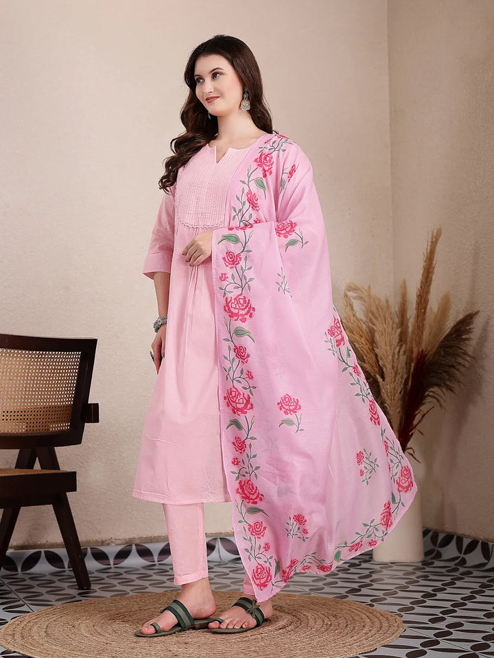 Pink Pure Cotton A-Line Pleated Kurta Dupatta Pant Set