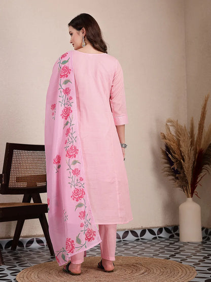 Pink Pure Cotton A-Line Pleated Kurta Dupatta Pant Set