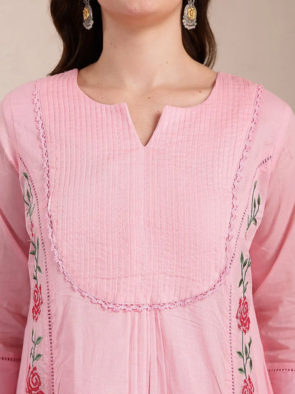 Pink Pure Cotton A-Line Pleated Kurta Dupatta Pant Set