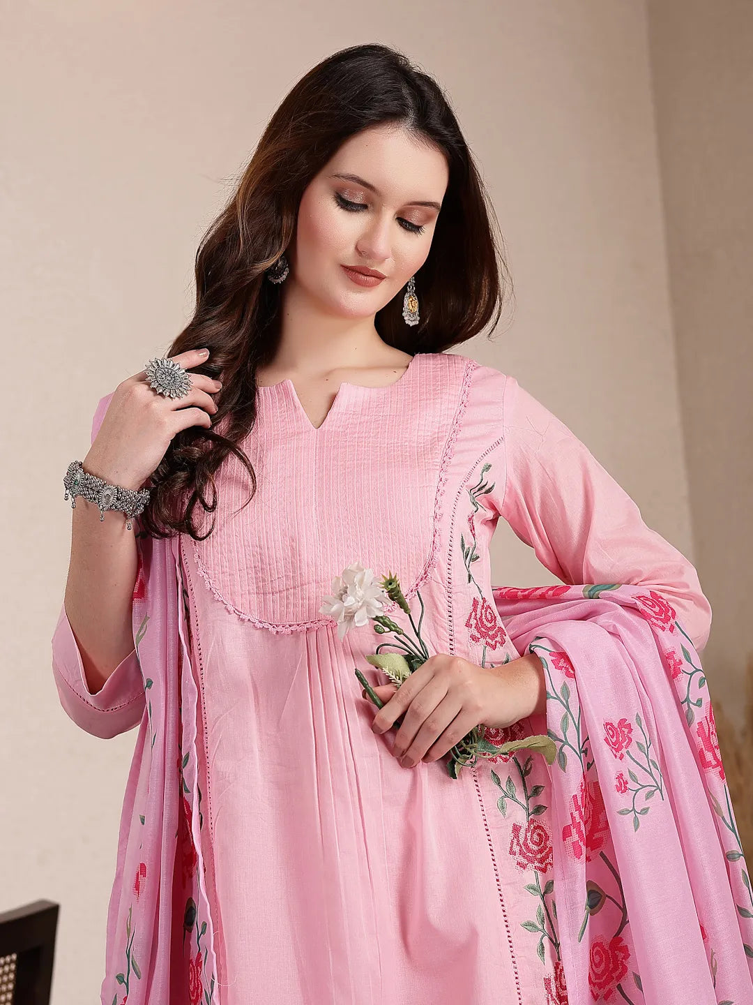 Pink Pure Cotton A-Line Pleated Kurta Dupatta Pant Set