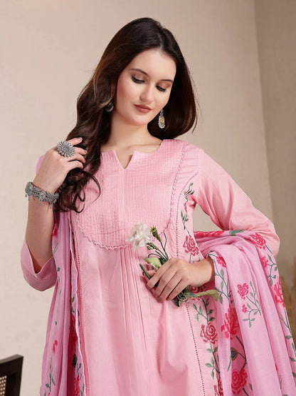 Pink Pure Cotton A-Line Pleated Kurta Dupatta Pant Set