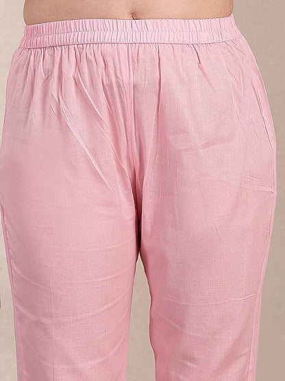 Pink Pure Cotton A-Line Pleated Kurta Dupatta Pant Set