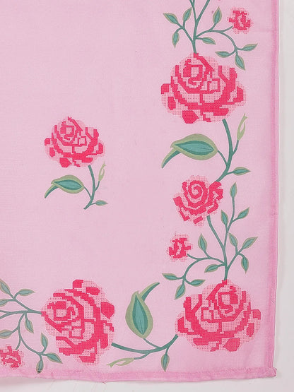 Pink Pure Cotton A-Line Pleated Kurta Dupatta Pant Set