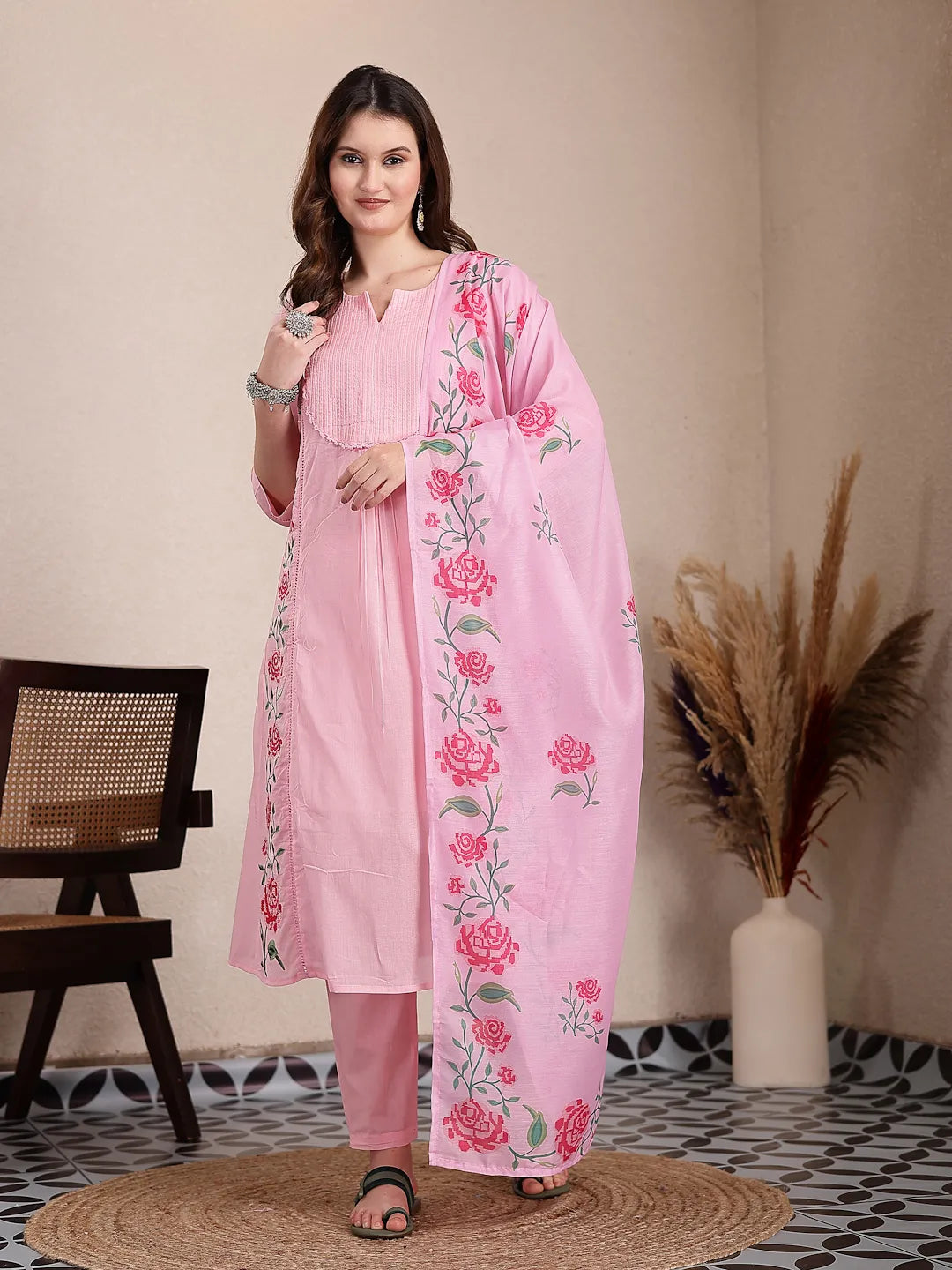 Pink Pure Cotton A-Line Pleated Kurta Dupatta Pant Set