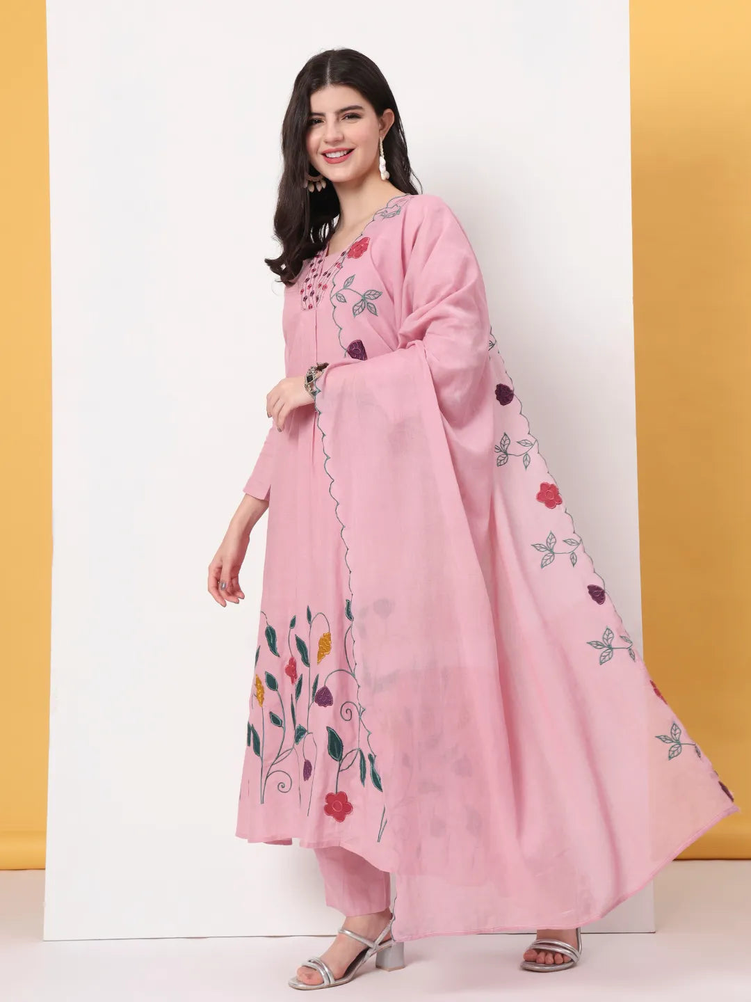 Pink Pure Cotton A-Line Thread Work Kurta Dupatta Set