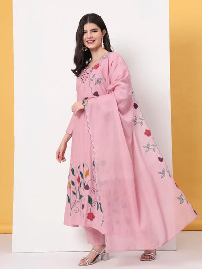 Pink Pure Cotton A-Line Thread Work Kurta Dupatta Set