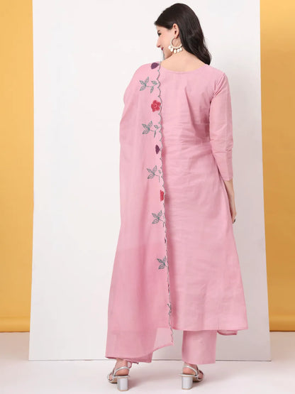 Pink Pure Cotton A-Line Thread Work Kurta Dupatta Set