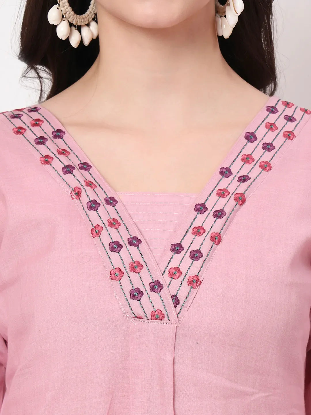 Pink Pure Cotton A-Line Thread Work Kurta Dupatta Set