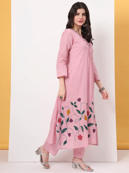 Pink Pure Cotton A-Line Thread Work Kurta Dupatta Set