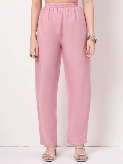 Pink Pure Cotton A-Line Thread Work Kurta Dupatta Set