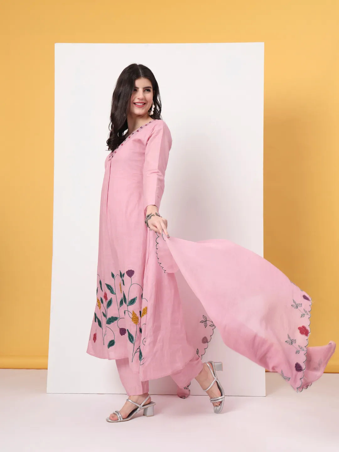 Pink Pure Cotton A-Line Thread Work Kurta Dupatta Set