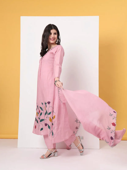 Pink Pure Cotton A-Line Thread Work Kurta Dupatta Set