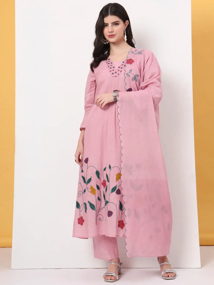 Pink Pure Cotton A-Line Thread Work Kurta Dupatta Set