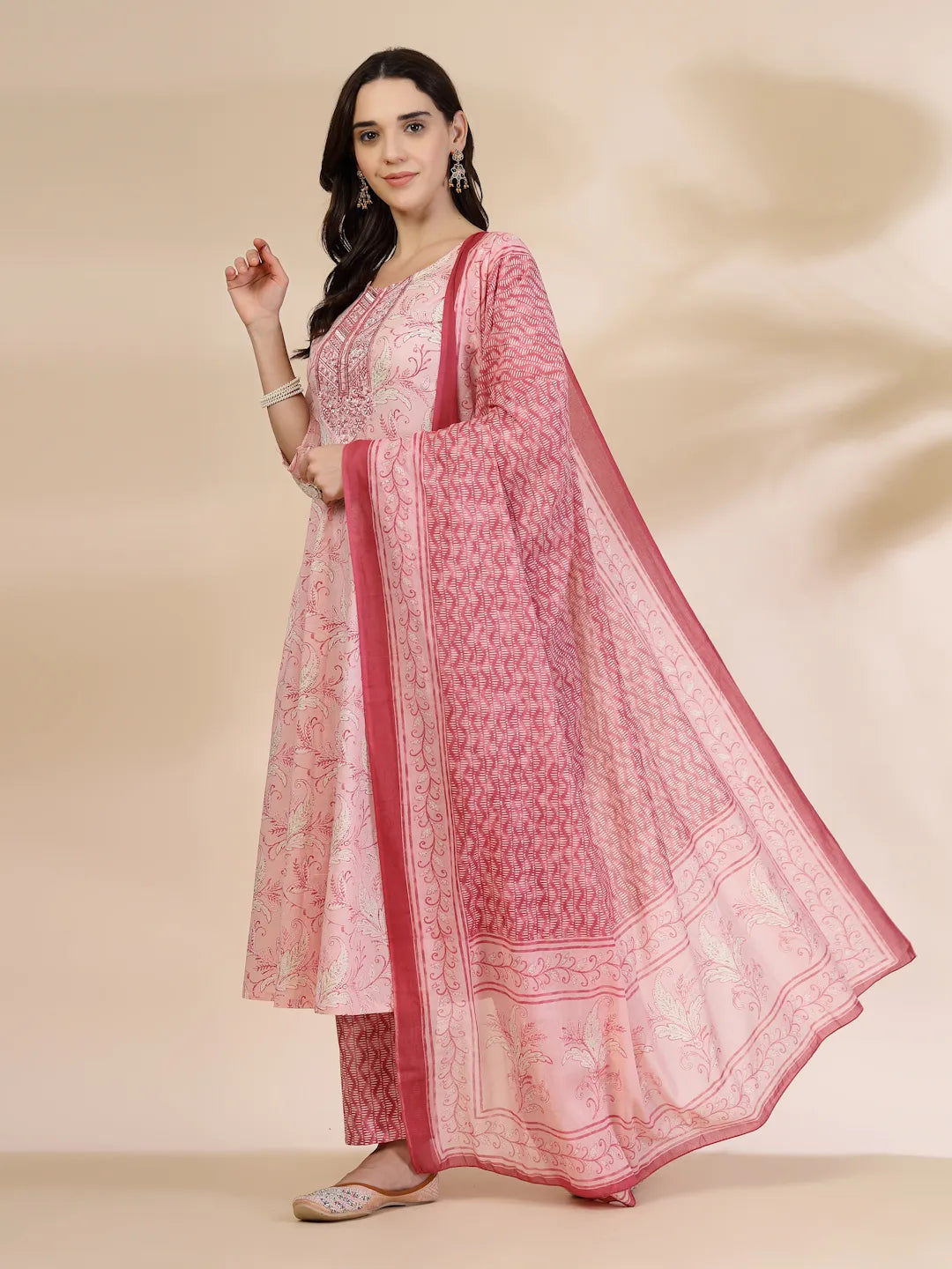 Pink Pure Cotton Anarkali Dupatta Pant Set