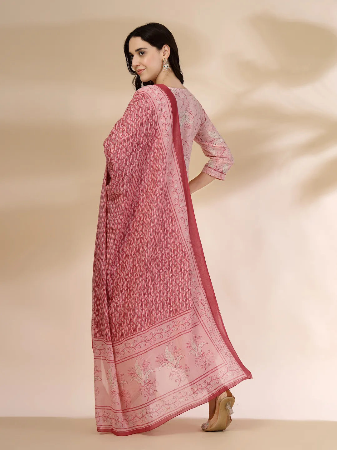 Pink Pure Cotton Anarkali Dupatta Pant Set