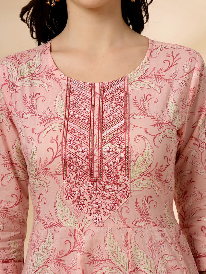 Pink Pure Cotton Anarkali Dupatta Pant Set