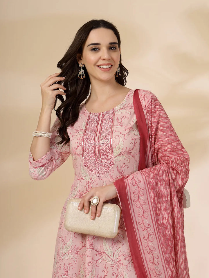 Pink Pure Cotton Anarkali Dupatta Pant Set