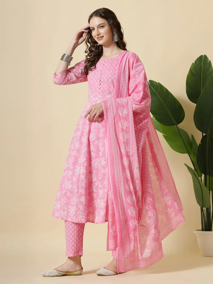 Pink Pure Cotton Anarkali Piping Kurta Dupatta Pant Set