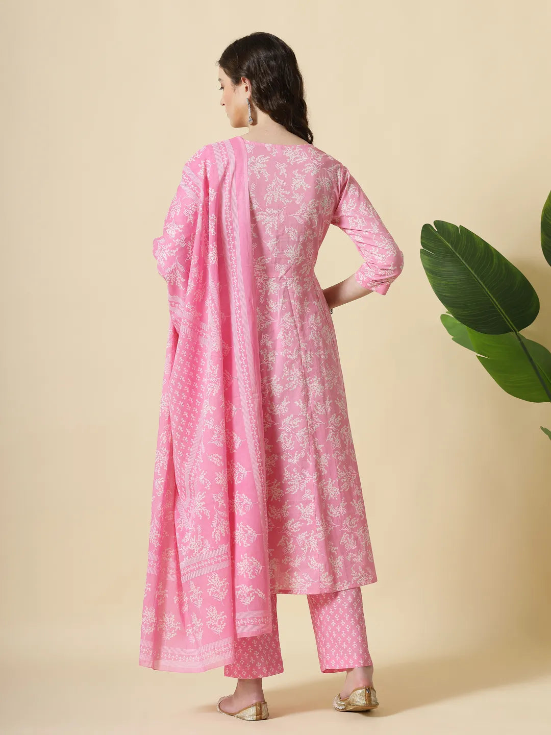 Pink Pure Cotton Anarkali Piping Kurta Dupatta Pant Set
