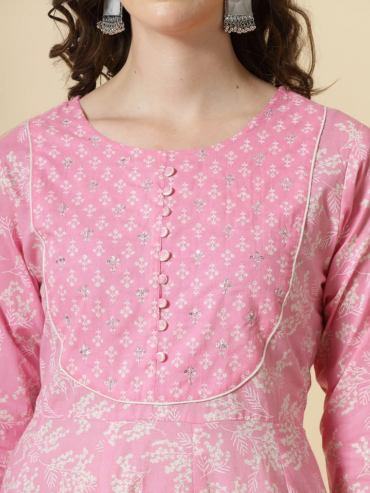 Pink Pure Cotton Anarkali Piping Kurta Dupatta Pant Set