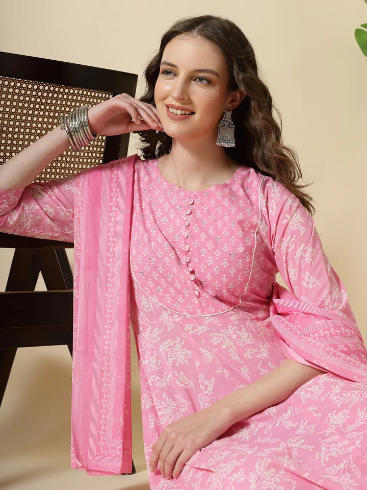 Pink Pure Cotton Anarkali Piping Kurta Dupatta Pant Set