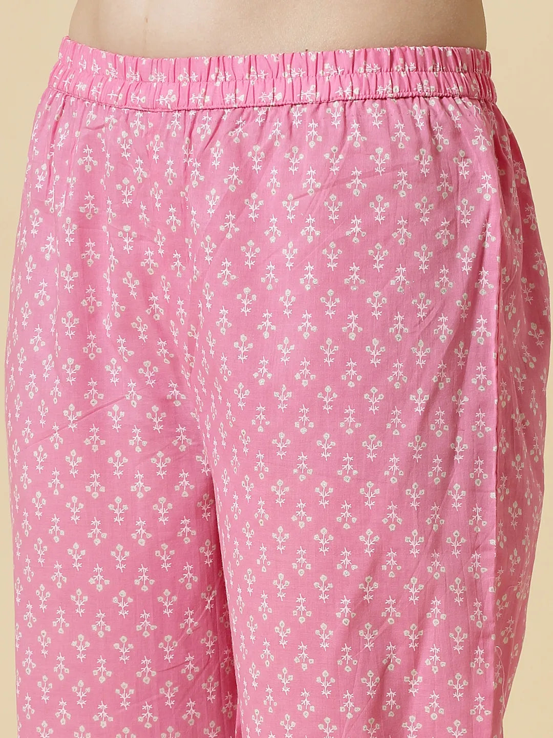 Pink Pure Cotton Anarkali Piping Kurta Dupatta Pant Set