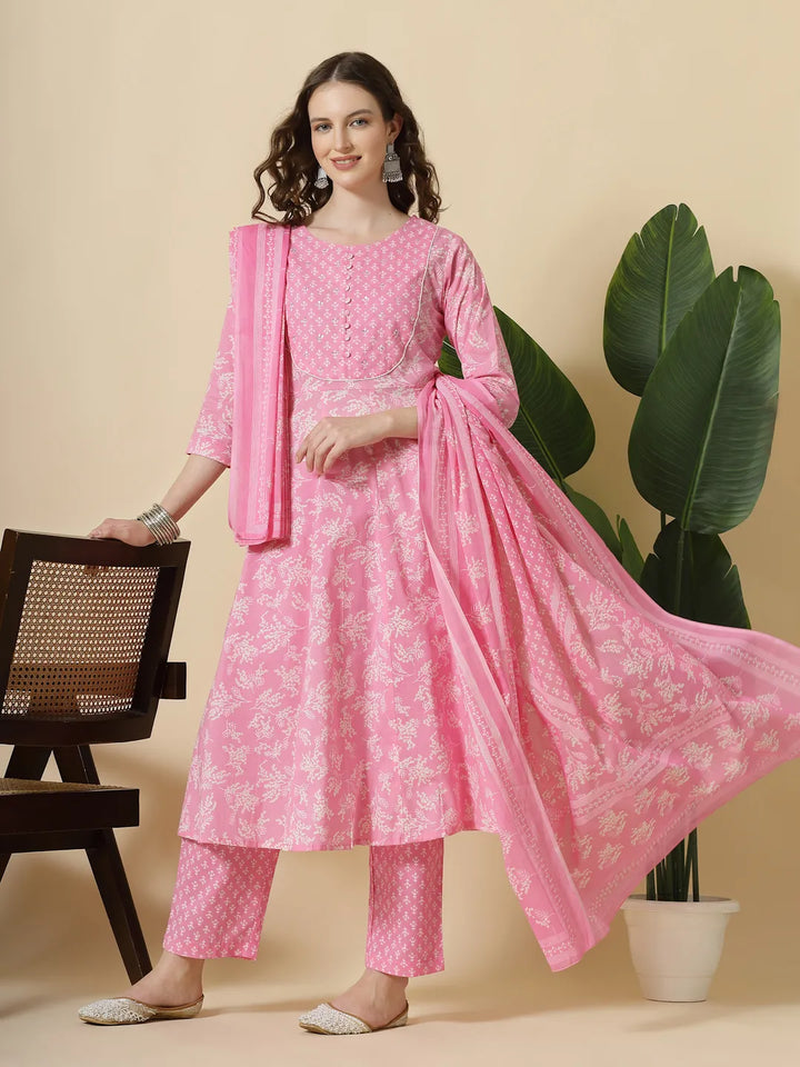 Pink Pure Cotton Anarkali Piping Kurta Dupatta Pant Set