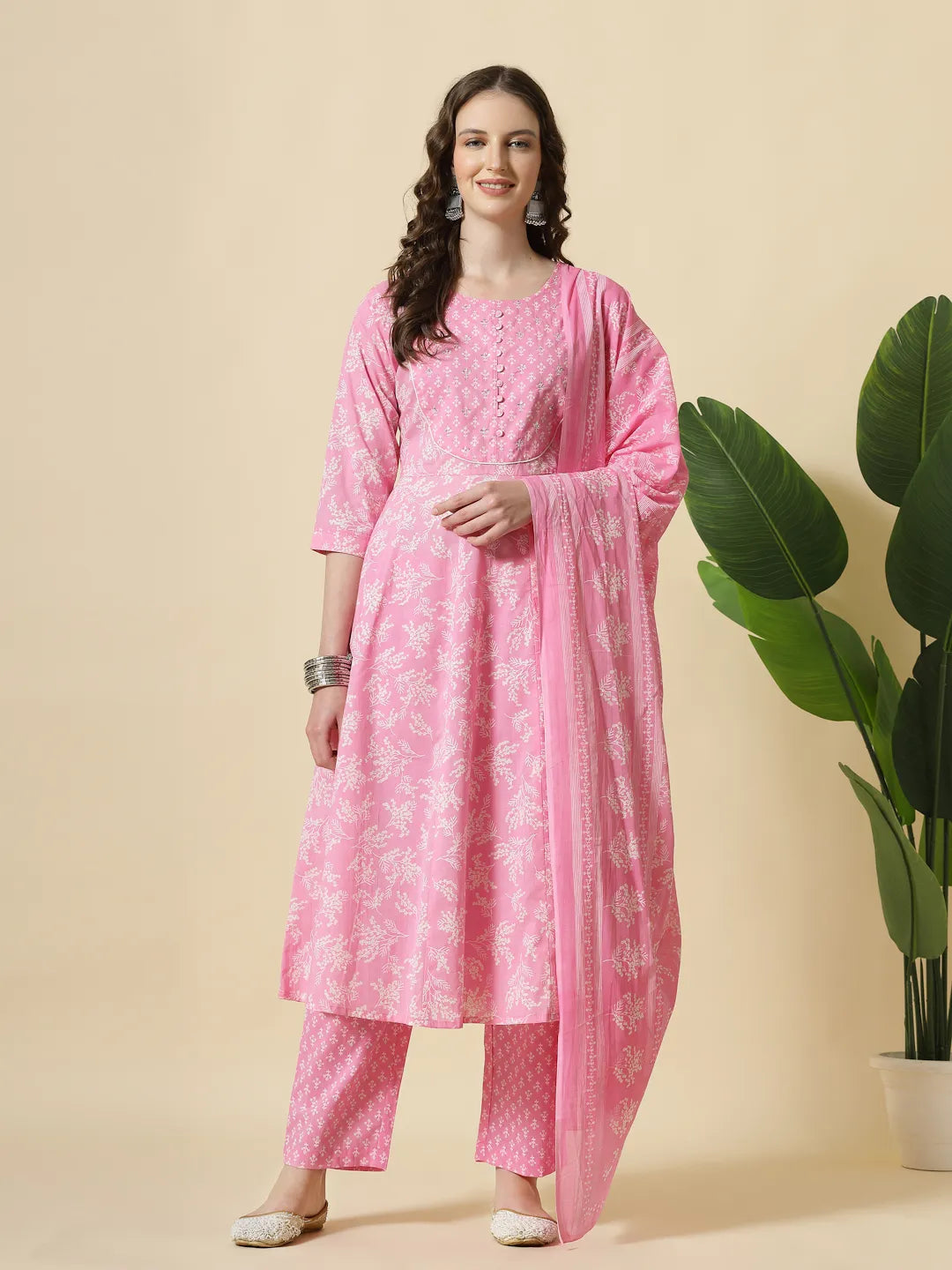 Pink Pure Cotton Anarkali Piping Kurta Dupatta Pant Set