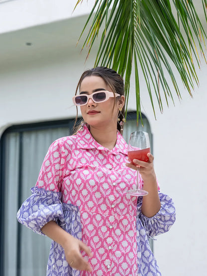 Pink Pure Cotton Colour Blocking A Line Dress