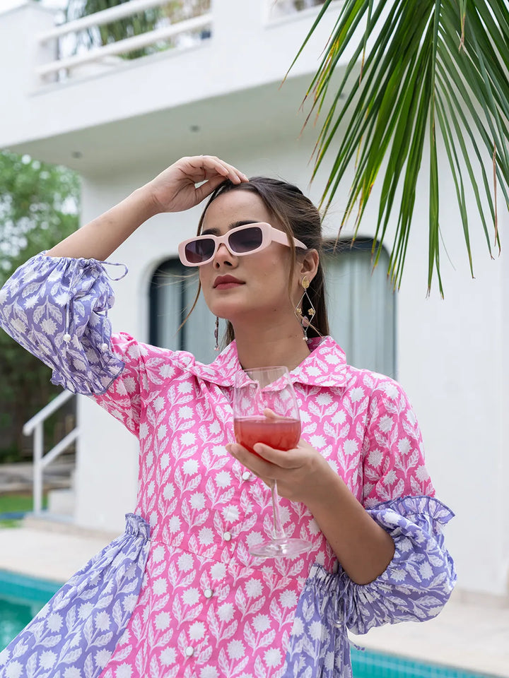 Pink Pure Cotton Colour Blocking A Line Dress