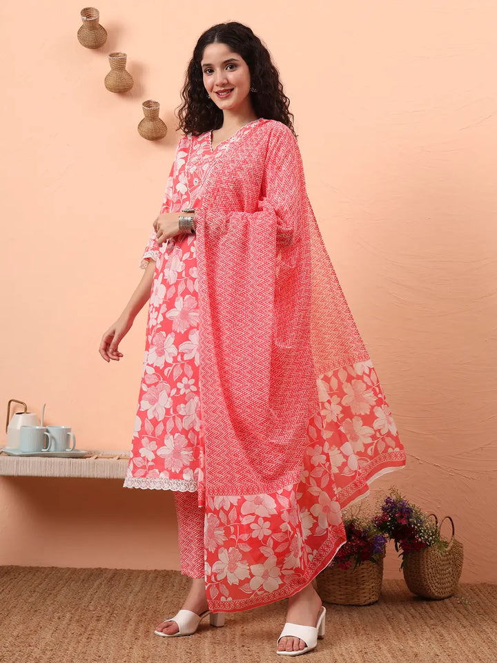 Pink Pure Cotton Ethnic Motifs Straight Kurta Pant Set