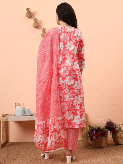 Pink Pure Cotton Ethnic Motifs Straight Kurta Pant Set
