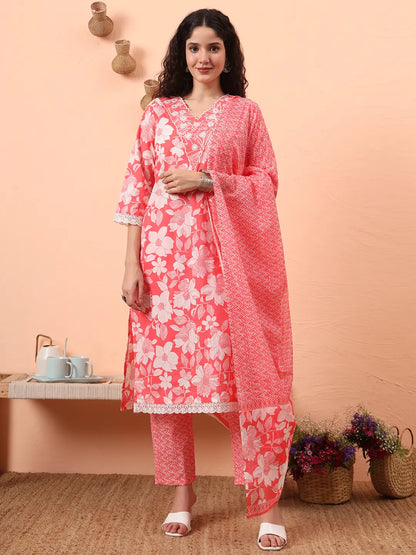 Pink Pure Cotton Ethnic Motifs Straight Kurta Pant Set