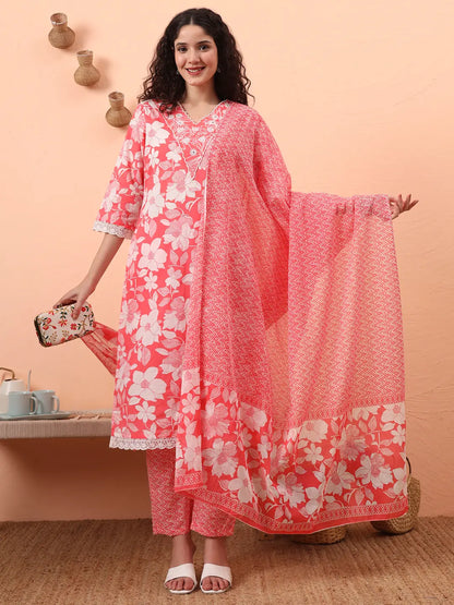 Pink Pure Cotton Ethnic Motifs Straight Kurta Pant Set