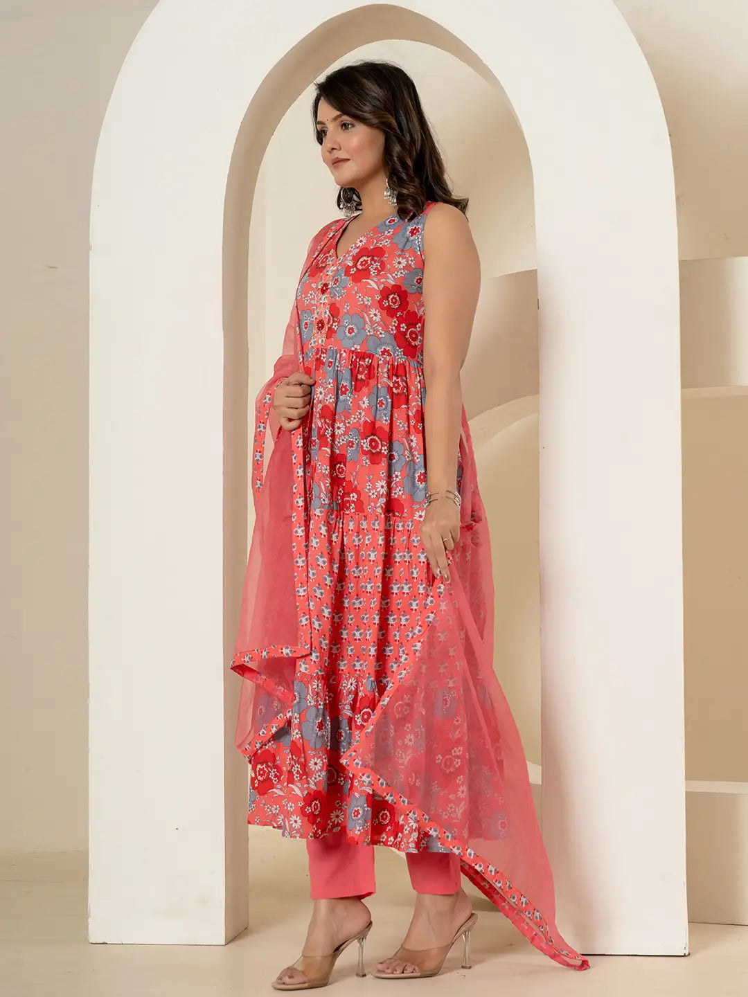 Pink Pure Cotton Fit And Flare Tiered Kurta Trouser &amp; Dupatta Set
