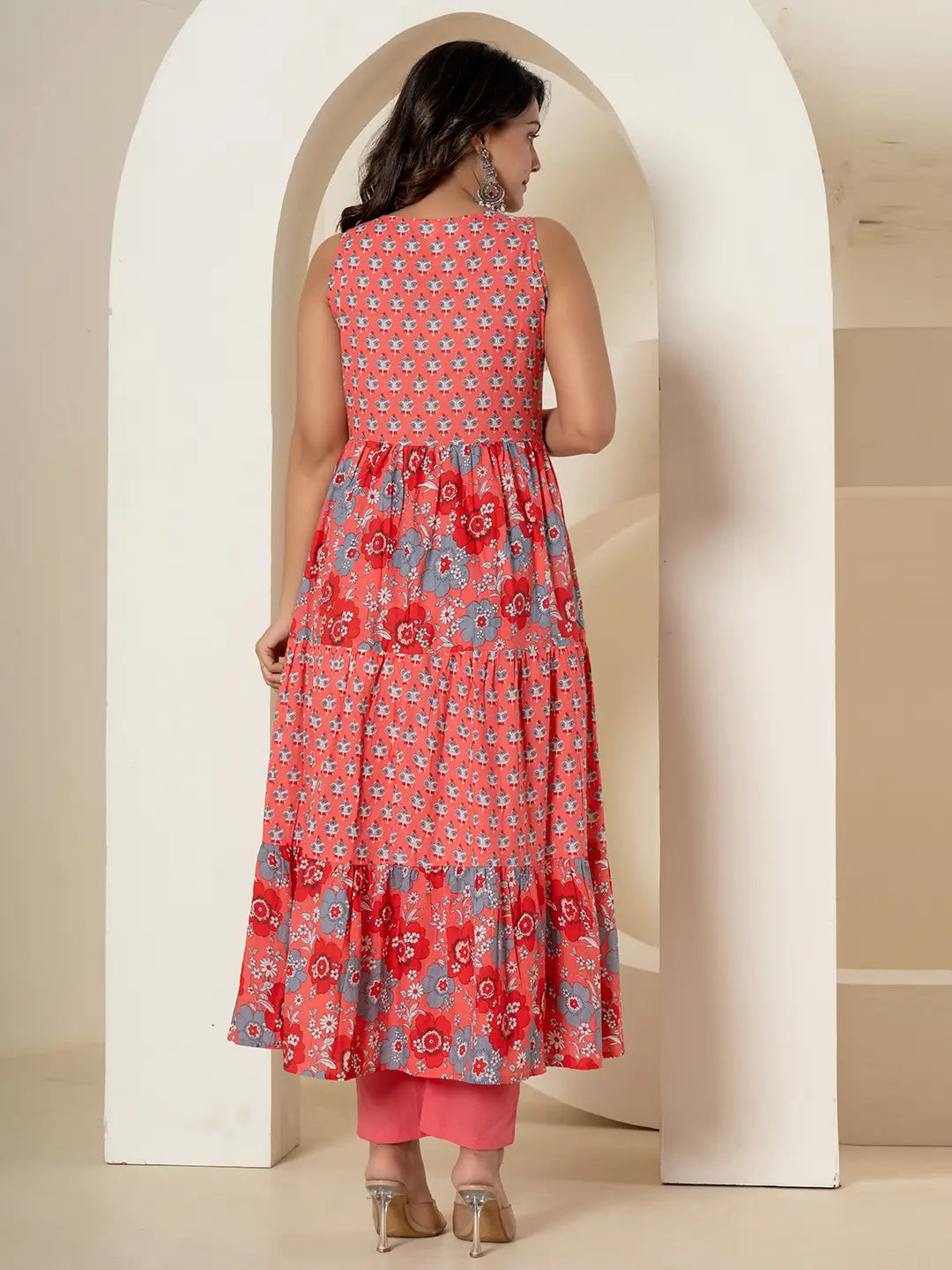 Pink Pure Cotton Fit And Flare Tiered Kurta Trouser &amp; Dupatta Set