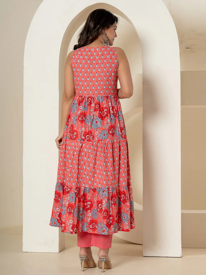 Pink Pure Cotton Fit And Flare Tiered Kurta Trouser &amp; Dupatta Set