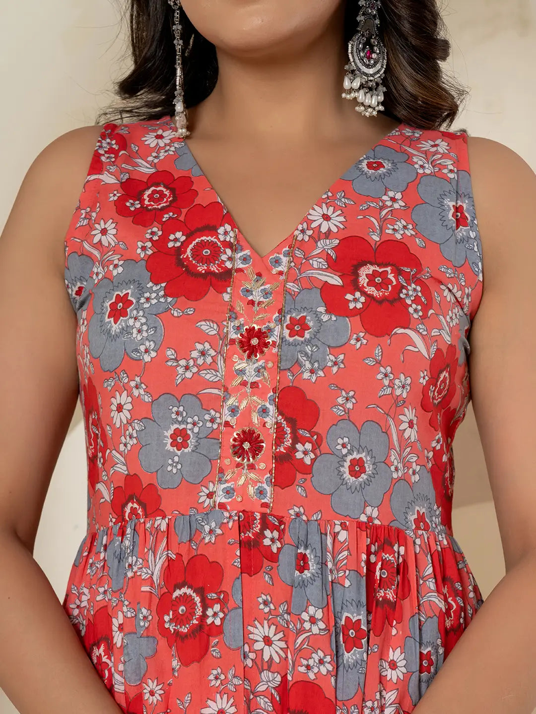 Pink Pure Cotton Fit And Flare Tiered Kurta Trouser & Dupatta Set