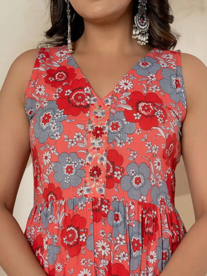 Pink Pure Cotton Fit And Flare Tiered Kurta Trouser & Dupatta Set