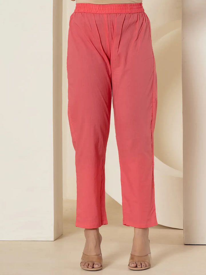 Pink Pure Cotton Fit And Flare Tiered Kurta Trouser &amp; Dupatta Set