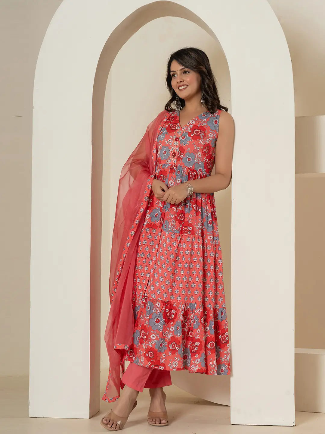 Pink Pure Cotton Fit And Flare Tiered Kurta Trouser &amp; Dupatta Set