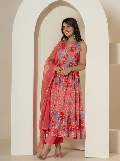 Pink Pure Cotton Fit And Flare Tiered Kurta Trouser & Dupatta Set