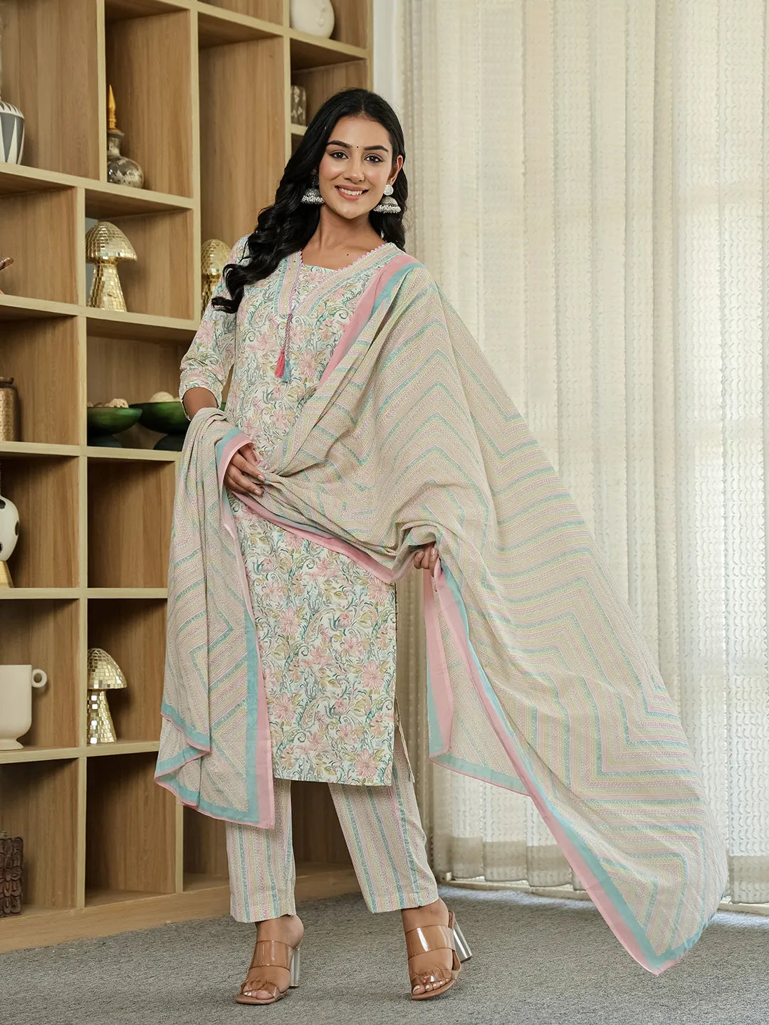 Pink Pure Cotton Floral Print Kurta Dupatta Pant Set