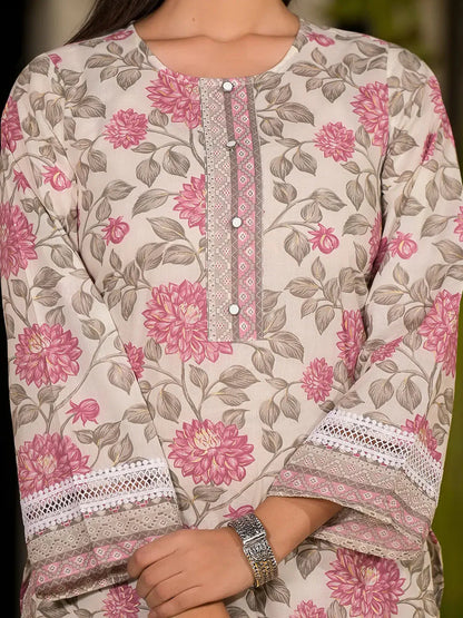 Pink Pure Cotton Floral Print Kurta With Trousers And Dupatta Set