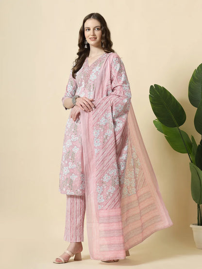 Pink Pure Cotton Floral Print Thread Work Kurta Set With Pant & Dupatta