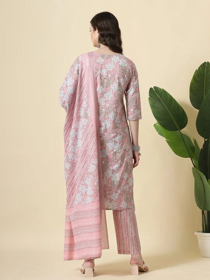 Pink Pure Cotton Floral Print Thread Work Kurta Set With Pant &amp; Dupatta