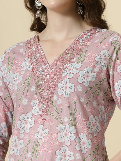 Pink Pure Cotton Floral Print Thread Work Kurta Set With Pant & Dupatta